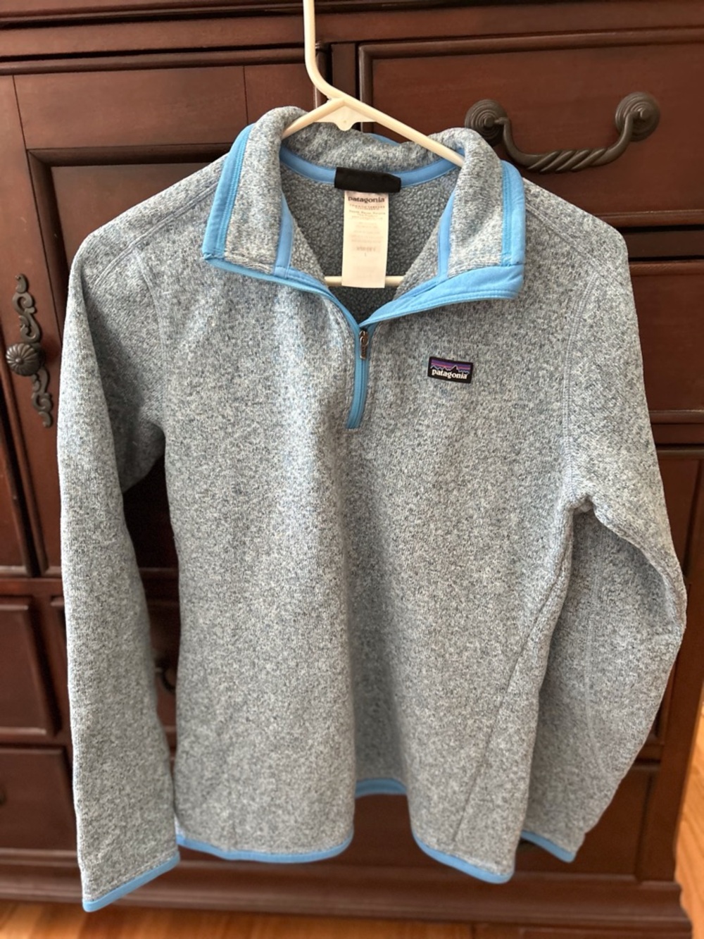 Patagonia Gray Fleece Half-Zip Pullover with Light Blue Trim